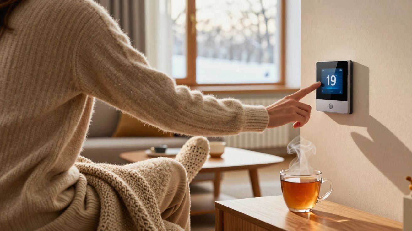 Pessoa a ajustar termóstato digital na parede numa sala acolhedora com chá quente numa mesa.