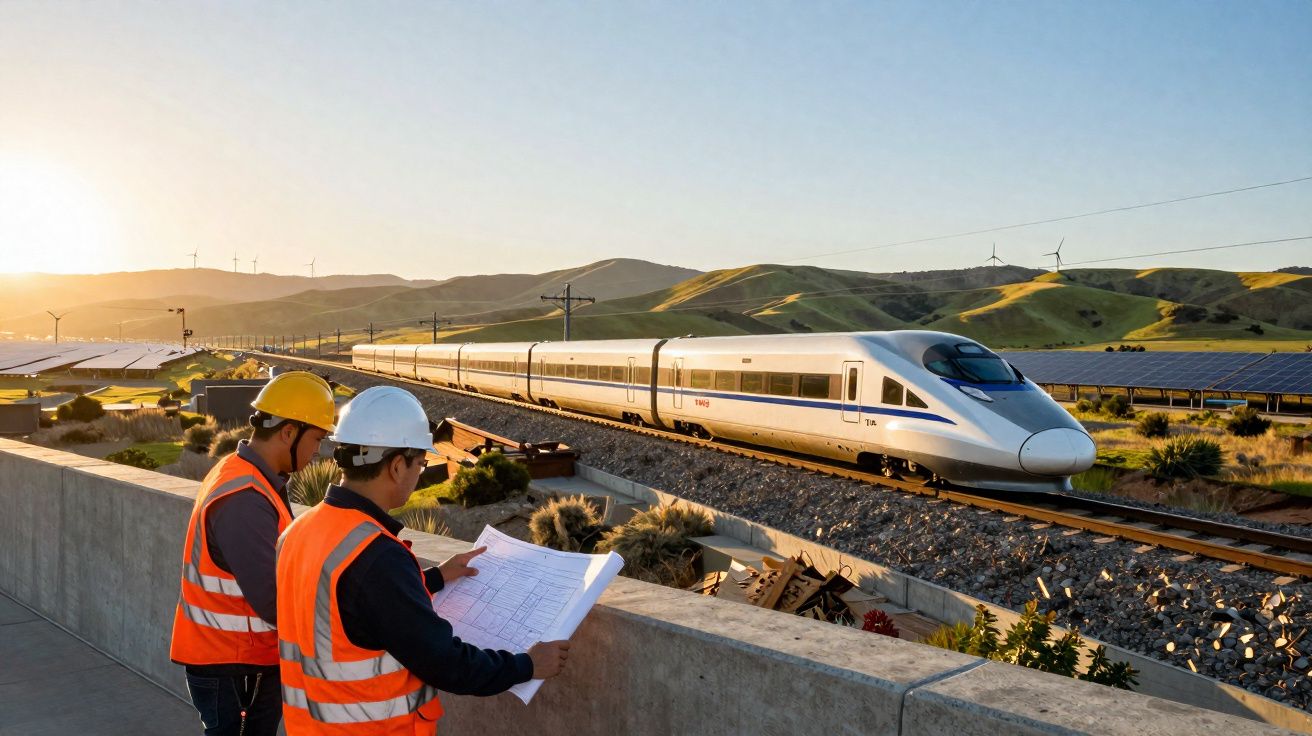 Dois trabalhadores de construção com capacetes e coletes refletores observam um comboio de alta velocidade numa paisagem rura