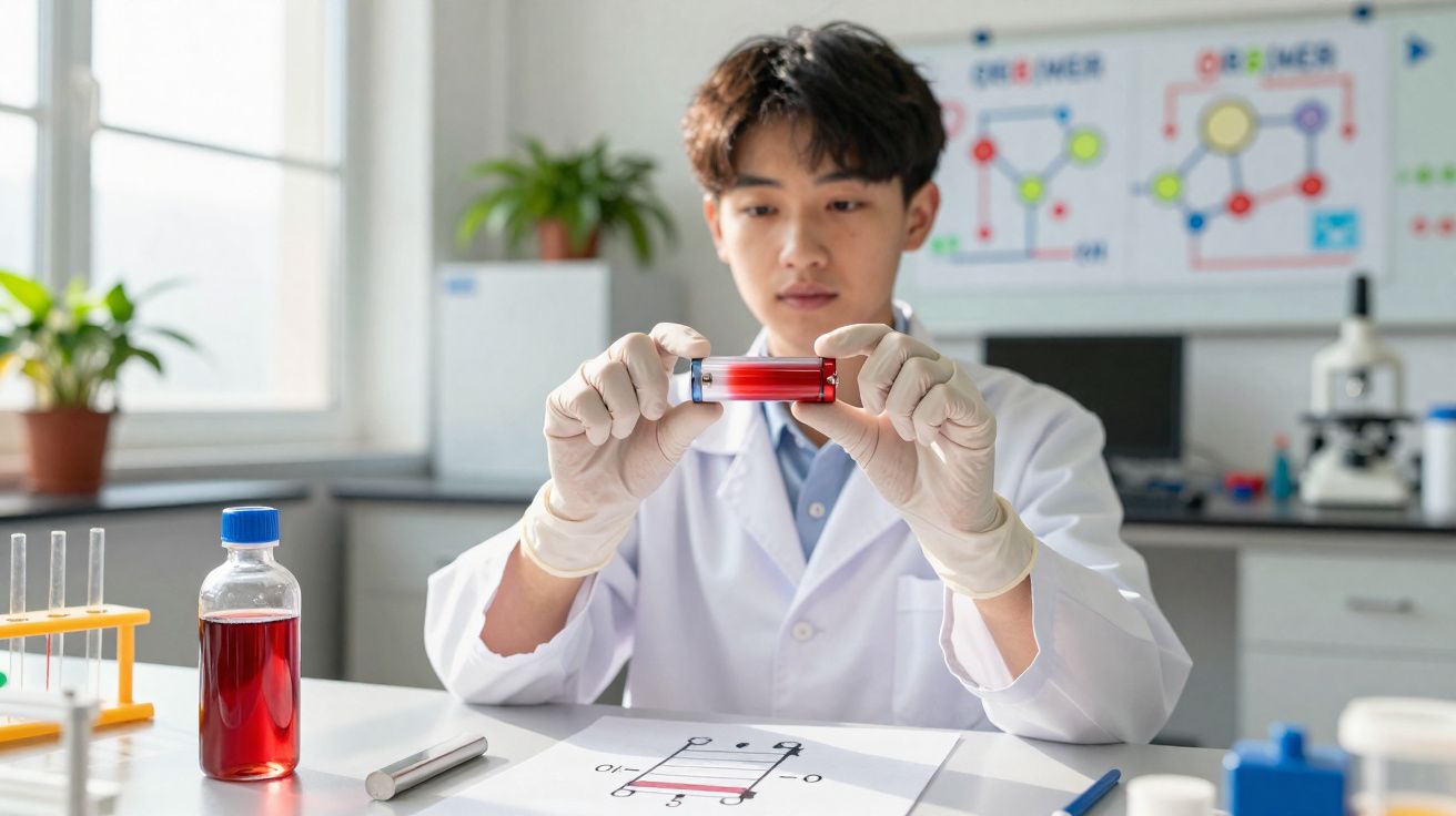 Cientista em laboratório a analisar amostra líquida vermelha num tubo de ensaio com equipamento científico à volta.