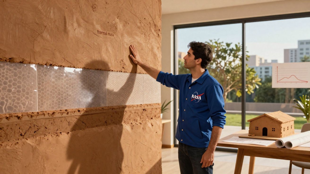 Homem toca parede de barro com etiqueta "thermal mass" numa sala iluminada com maquete e plantas ao fundo.