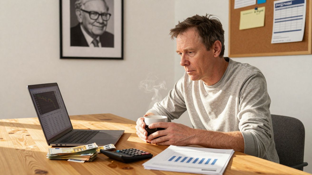 Homem preocupado a analisar gráficos no computador, segurando uma chávena quente numa mesa de escritório.