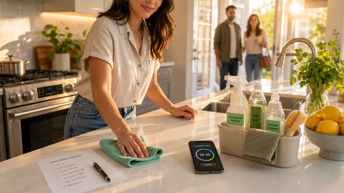 Mulher a limpar bancada da cozinha com pano verde, checklist, telefone e produtos de limpeza visíveis.
