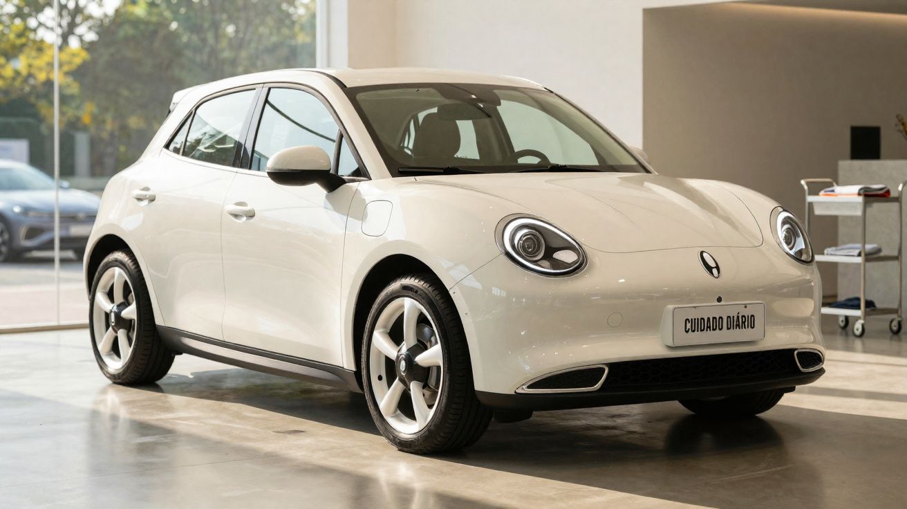 Carro elétrico compacto branco estacionado em showroom com luz natural a entrar pela janela.