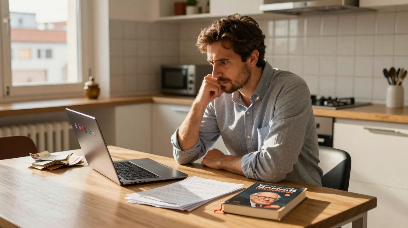 Homem sentado numa cozinha a olhar atentamente para o portátil com papéis e um livro na mesa.
