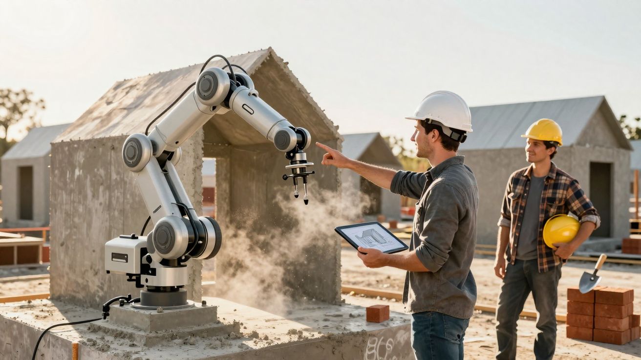 Dois trabalhadores na construção usam braços robóticos para construir casas com capacetes de segurança.