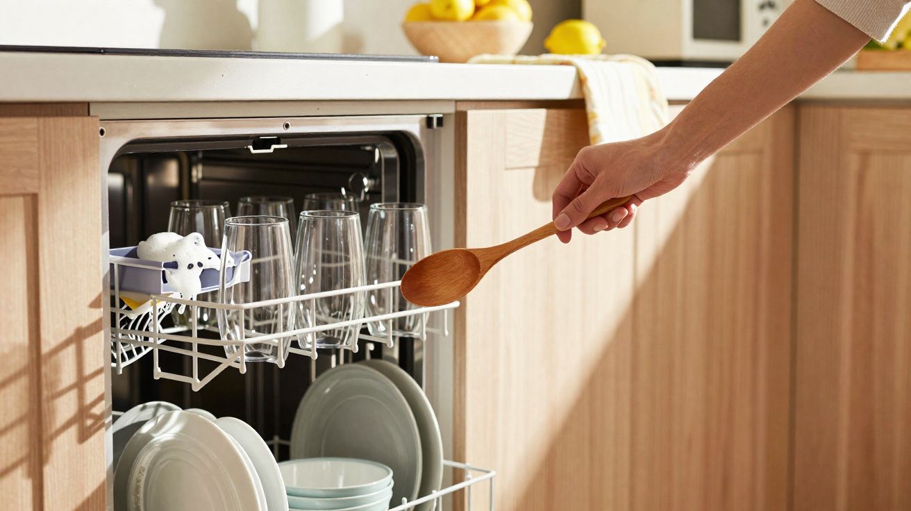 Pessoa a retirar colher de pau de máquina de lavar louça cheia de copos e pratos numa cozinha iluminada.