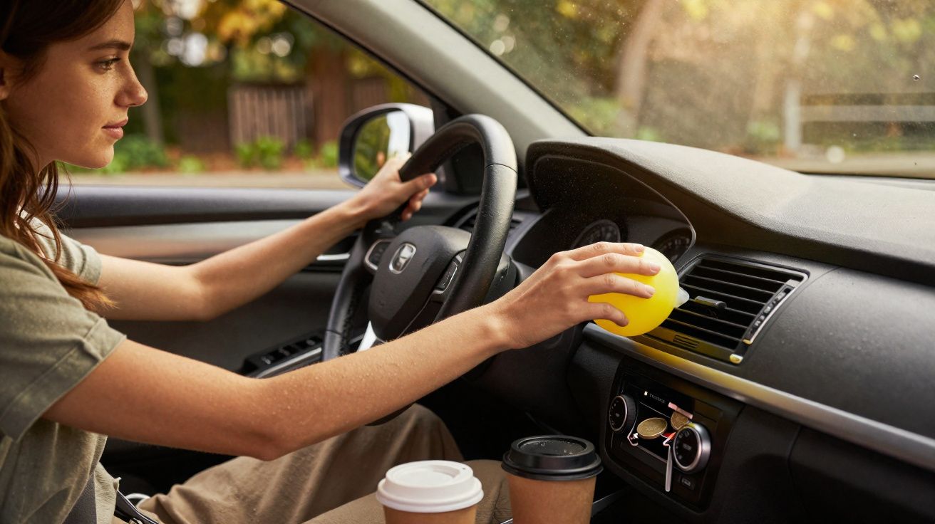 Mulher limpa a ventoinha do carro com uma esponja amarela, sentado no banco do condutor.