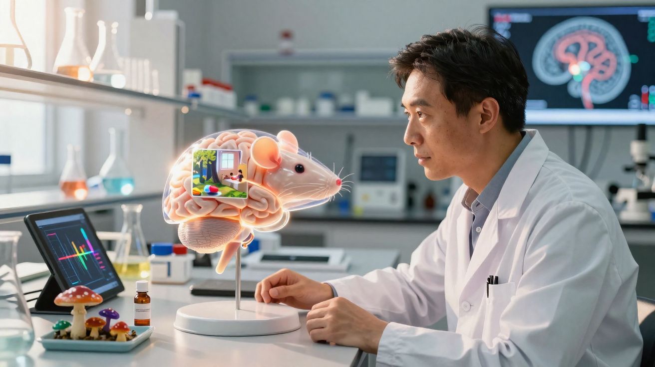 Cientista observa modelo iluminado de cérebro e rato em laboratório moderno com gráficos e frascos.