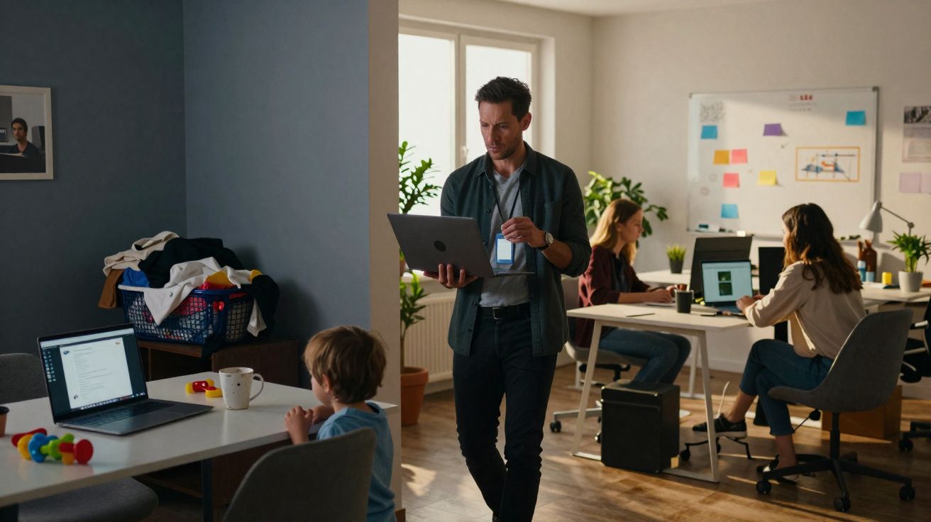 Escritório com duas mulheres a trabalhar em computadores, homem de pé com portátil e criança sentada na mesa com brinquedos.