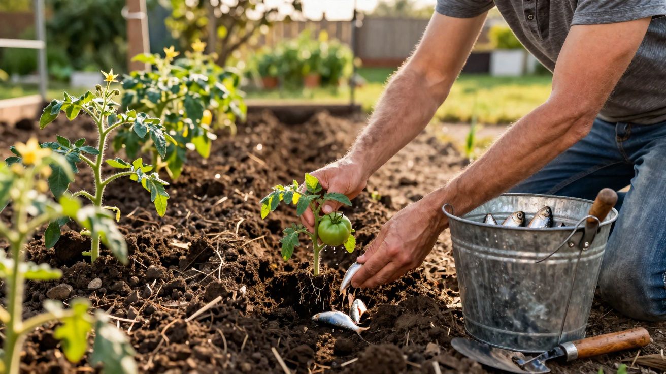 Pessoa a colocar peixes no solo para fertilizar plantas de tomate num jardim ensolarado.