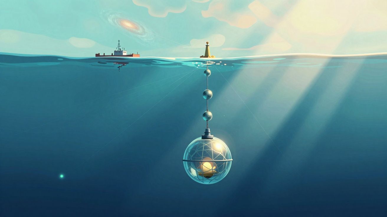Dispositivo esférico submerso conectado à superfície do mar com um navio e farol ao fundo, sob raios de sol.