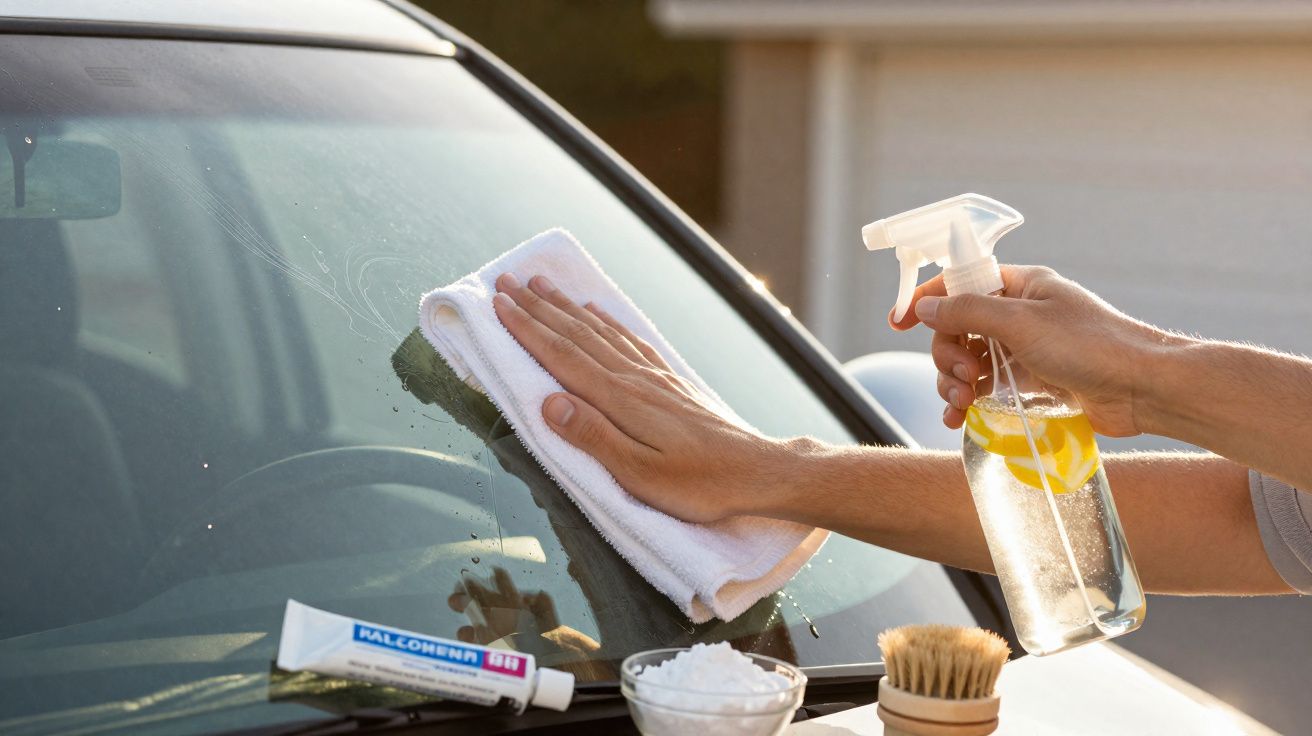 Pessoa a limpar o para-brisas de um carro com um pano branco e spray de limpeza com limão.