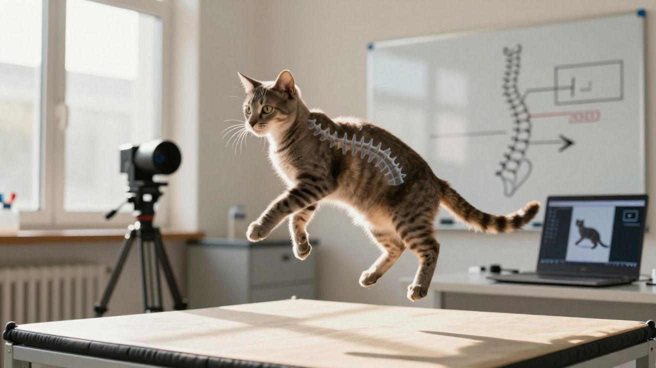 Gato a saltar numa mesa num consultório, com imagem da coluna vertebral sobreposta no corpo do gato.