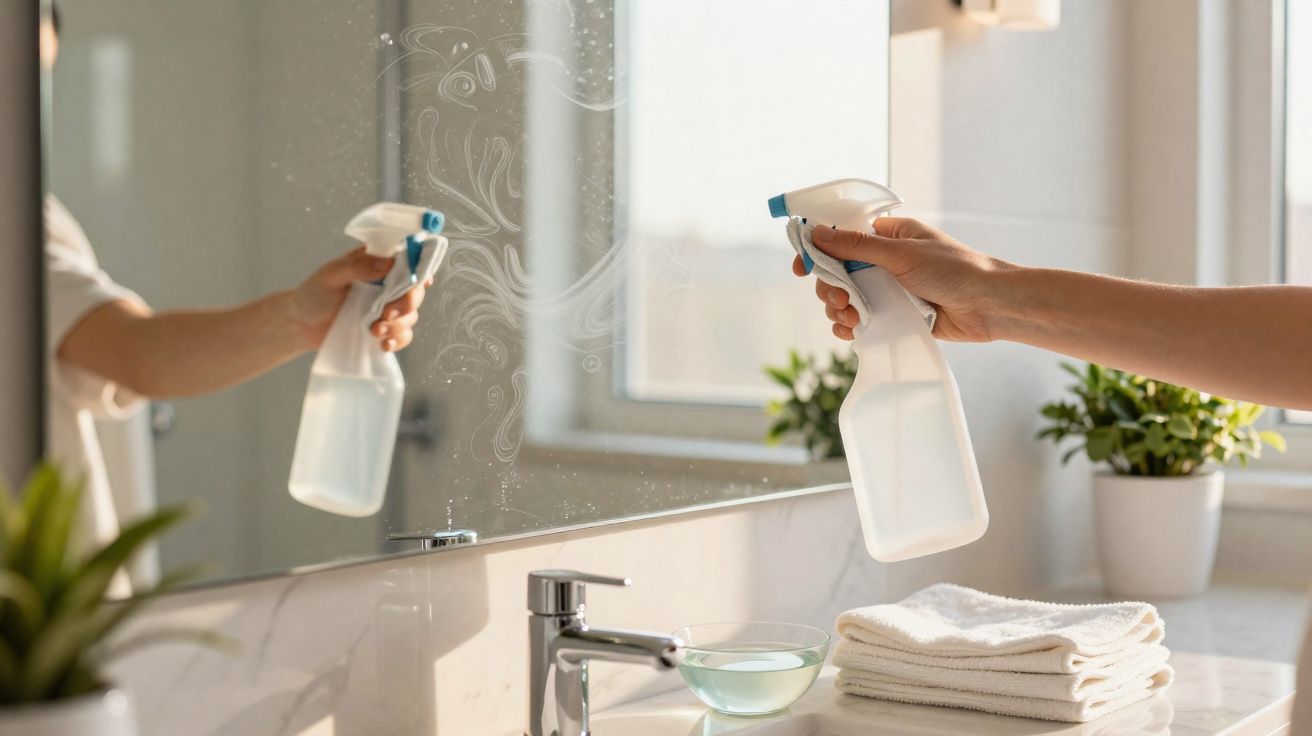 Pessoa a borrifar limpa-vidros num espelho de casa de banho moderna com toalhas e plantas.