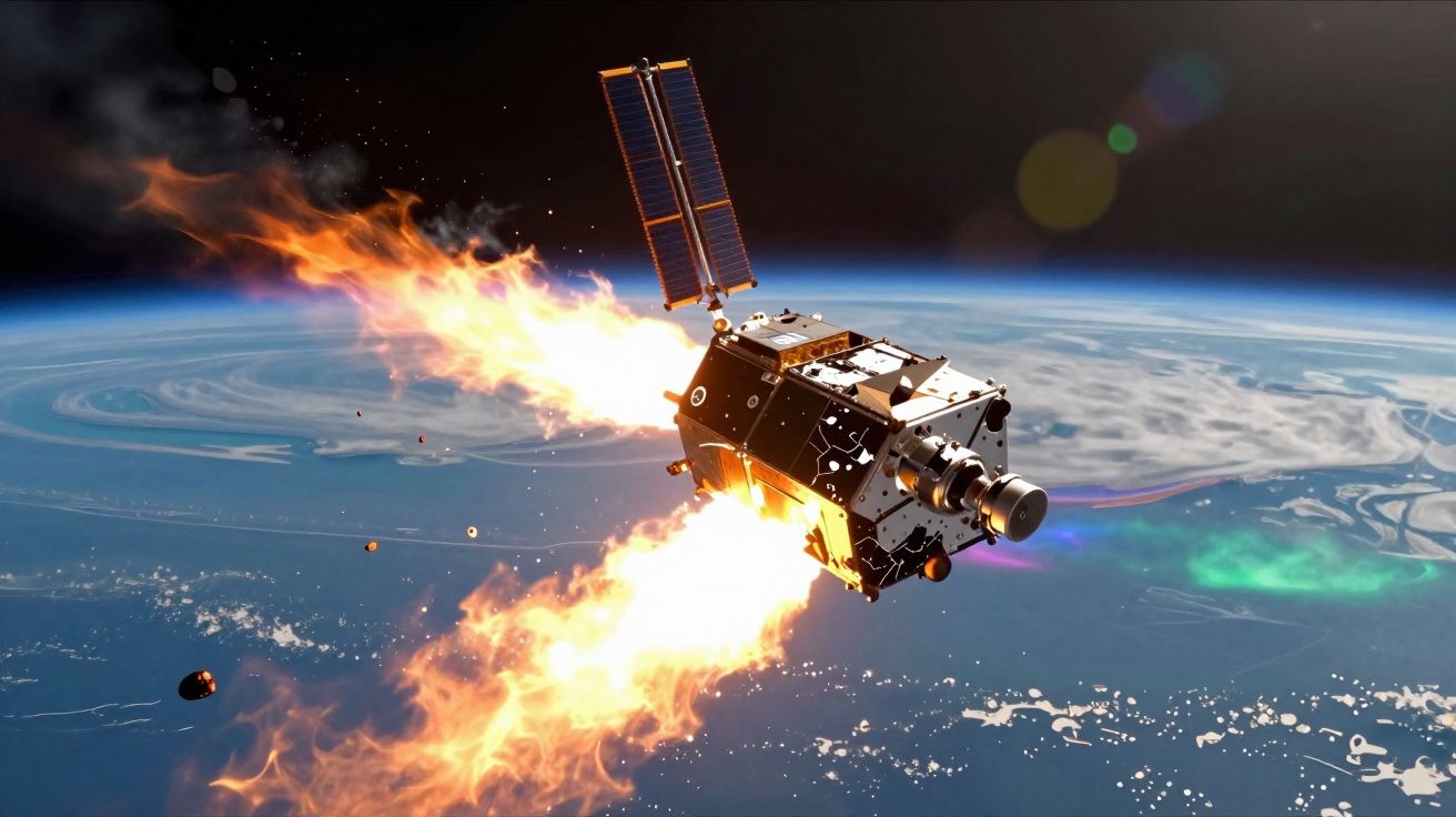 Satélite a entrar na atmosfera terrestre envolto em fogo e detritos, com visão do planeta abaixo.