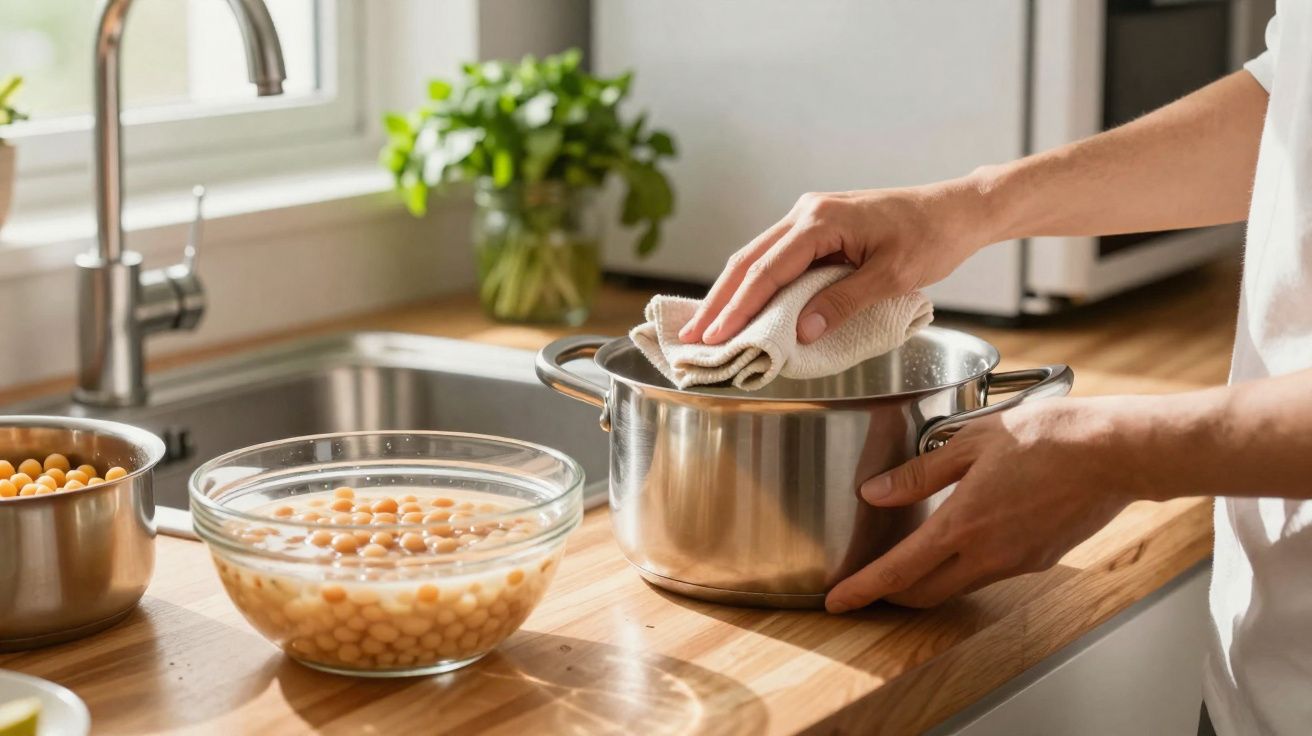 Mãos limpam o interior de uma panela de inox numa cozinha com tigelas de grão-de-bico sobre a bancada de madeira.