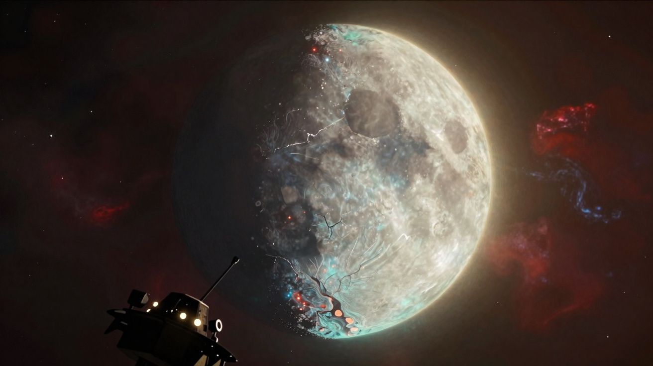 Sonda espacial observando uma lua grande com crateras e áreas iluminadas por luz azulada no espaço escuro.