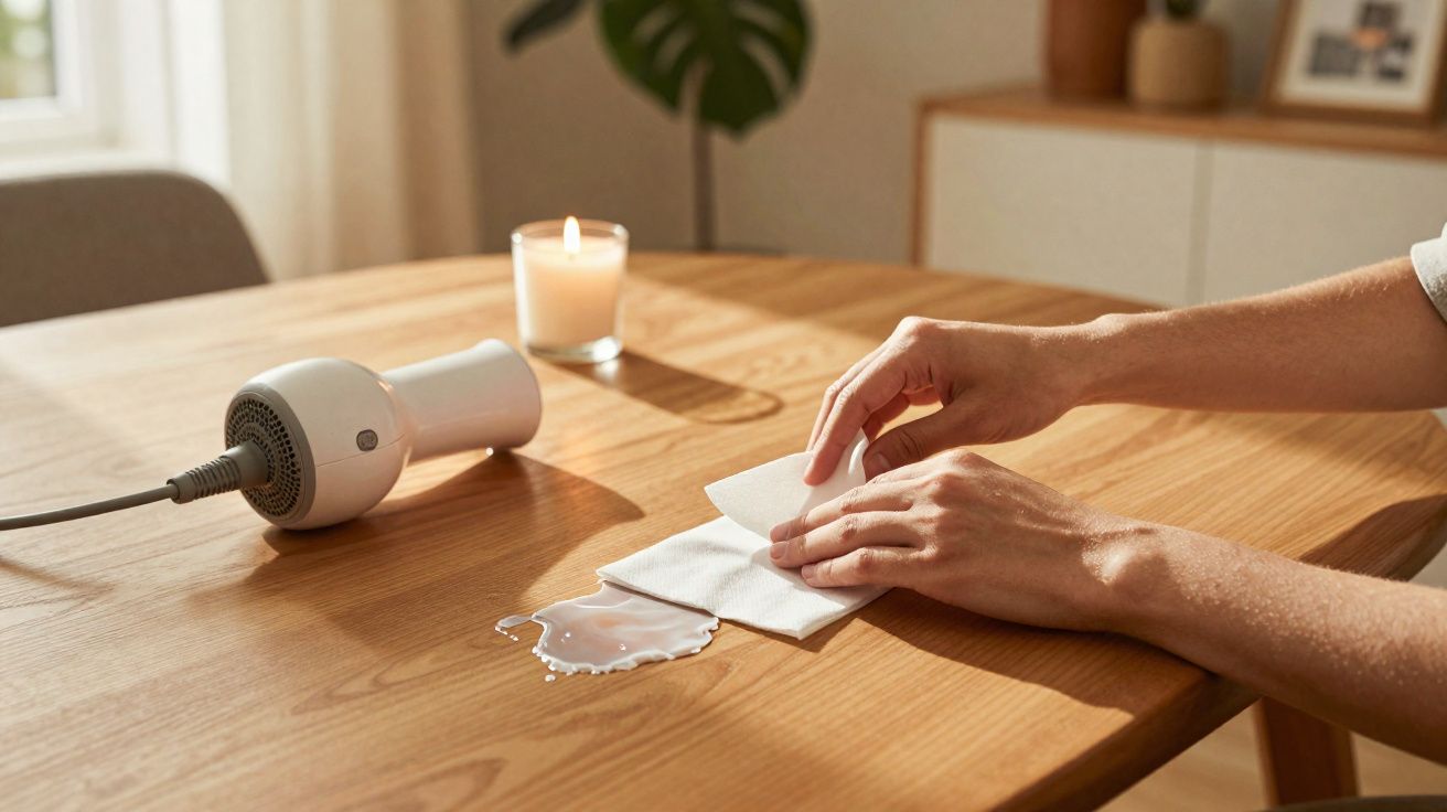 Mãos a limpar um líquido derramado numa mesa de madeira com um lenço, secador e vela ao fundo.