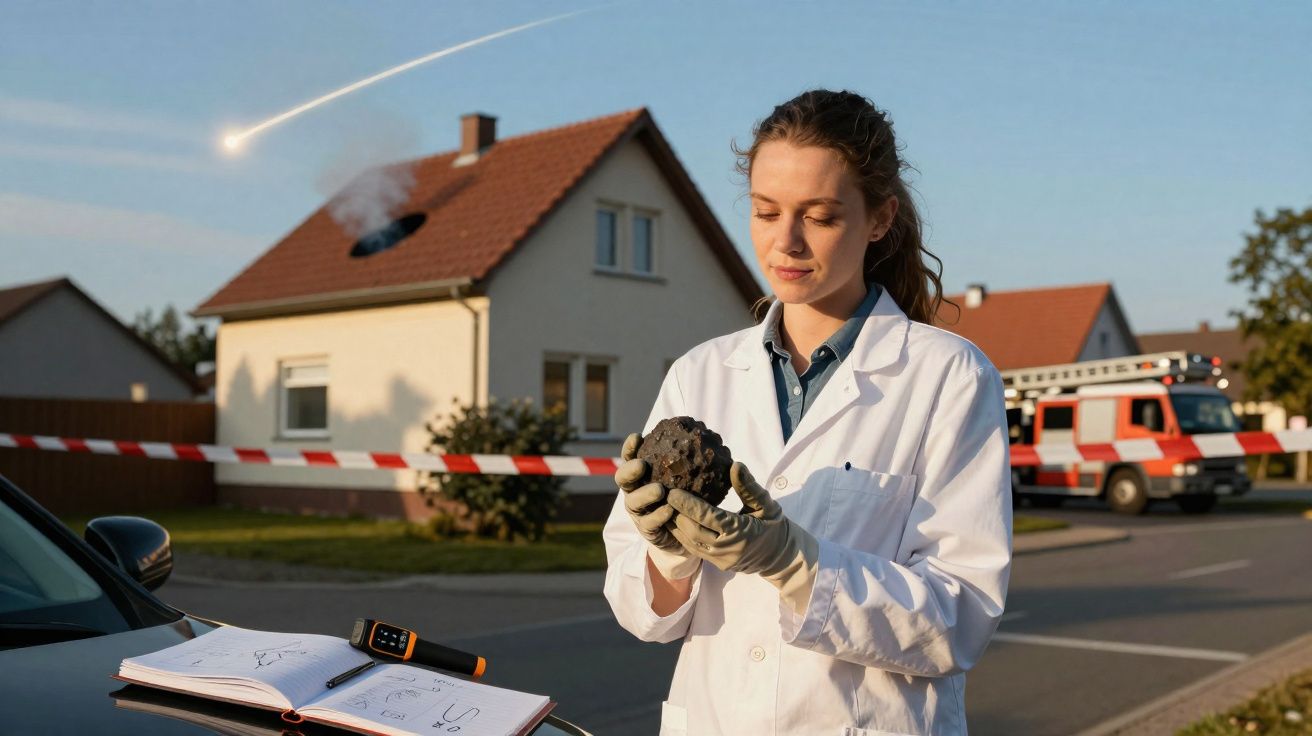Mulher cientista com bata branca segura meteorito, enquanto outro cai do céu atrás, em zona residencial evacuada.