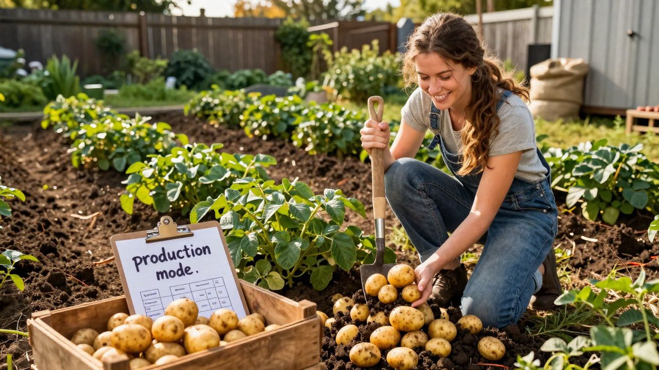 Jovem colhe batatas num campo, sorrindo, com uma pá e caixa cheia de batatas ao lado.