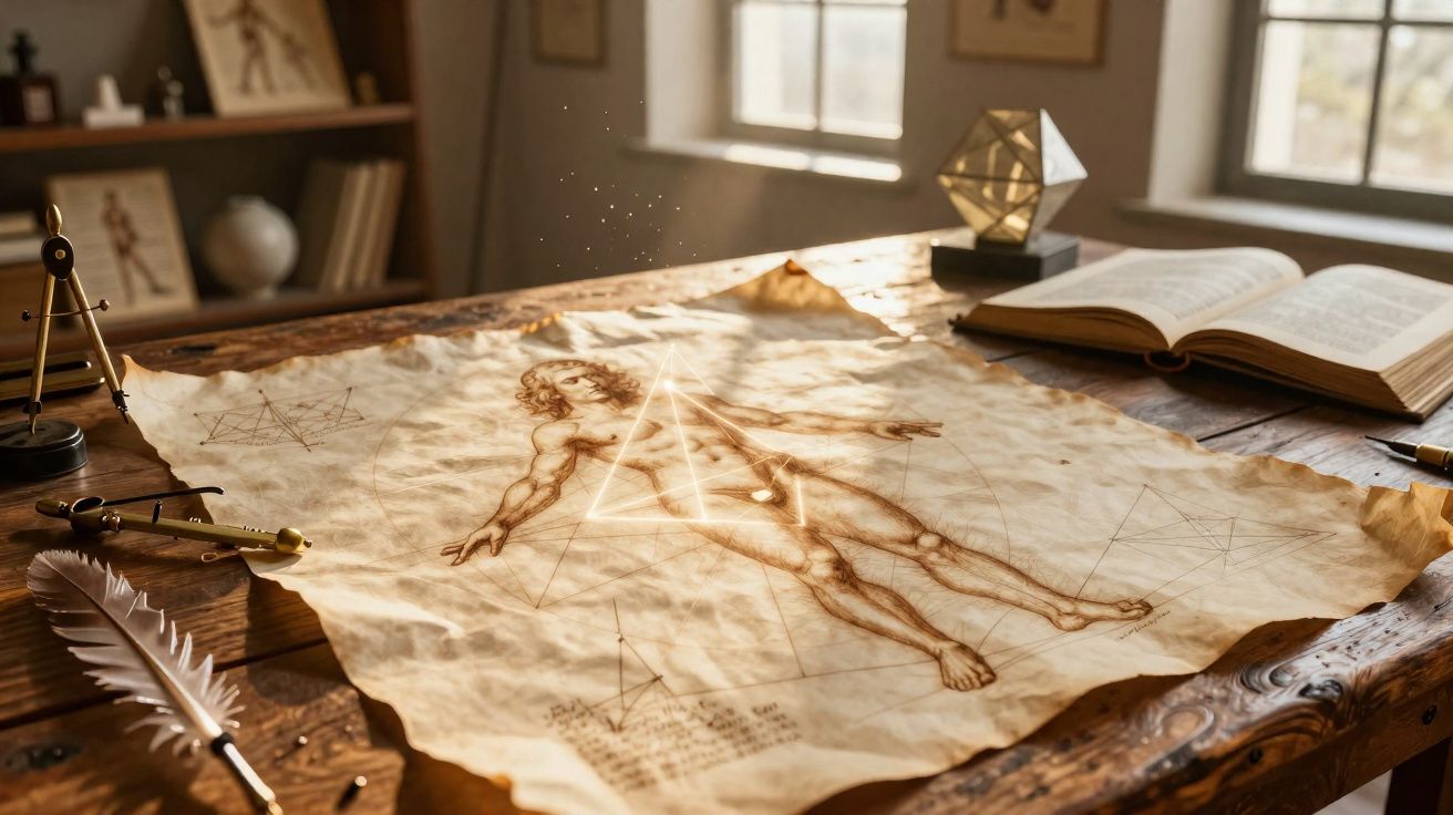 Folha envelhecida com desenho anatómico humano e ferramentas de desenho numa mesa de madeira iluminada.