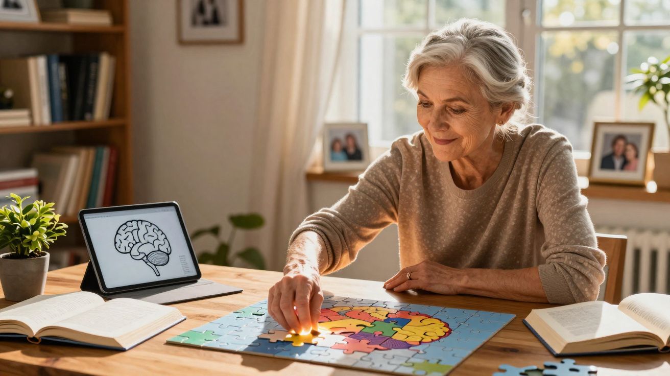 Idosa a montar quebra-cabeças colorido de cérebro à mesa com livros e tablet ao lado em ambiente iluminado.