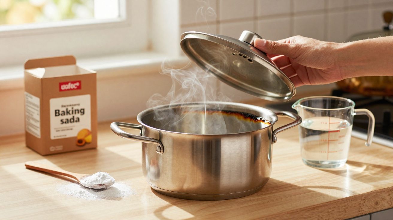 Panela de aço inox com comida queimada a libertar vapor numa cozinha iluminada.