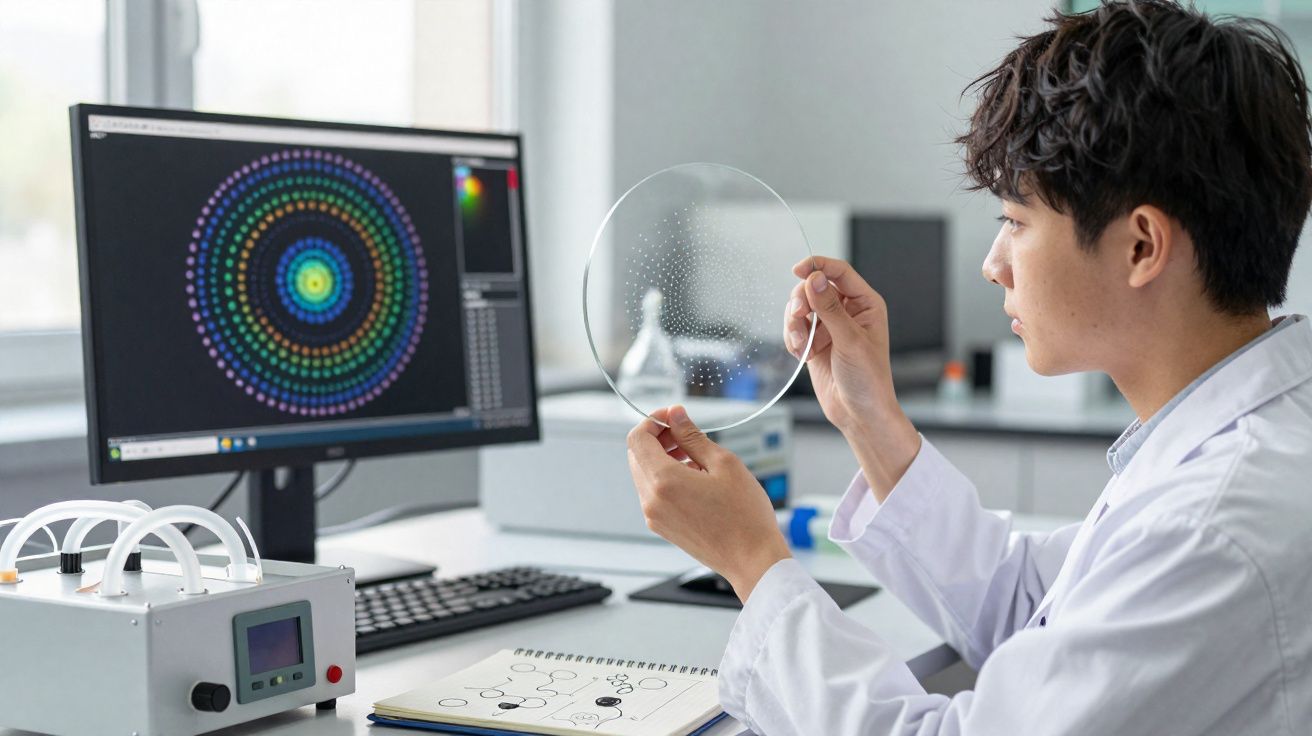 Cientista em laboratório analisa disco transparente diante de ecrã com padrão colorido circular.