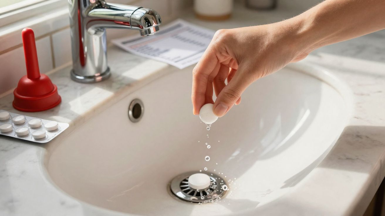 Pessoa a colocar pastilha efervescente na pia para desentupir o ralo numa casa de banho.