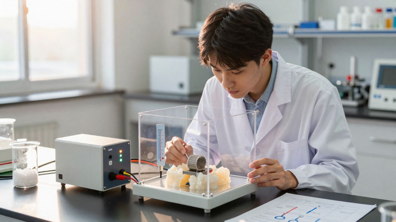 Cientista jovem em bata branca ajusta aparelho num laboratório com equipamento e diagramas à sua frente.