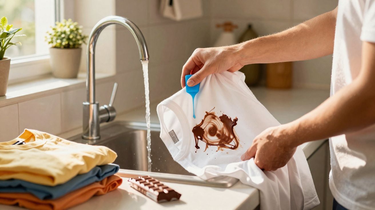 Pessoa a aplicar removedor azul numa mancha de chocolate numa t-shirt branca junto a uma pia com água a correr.