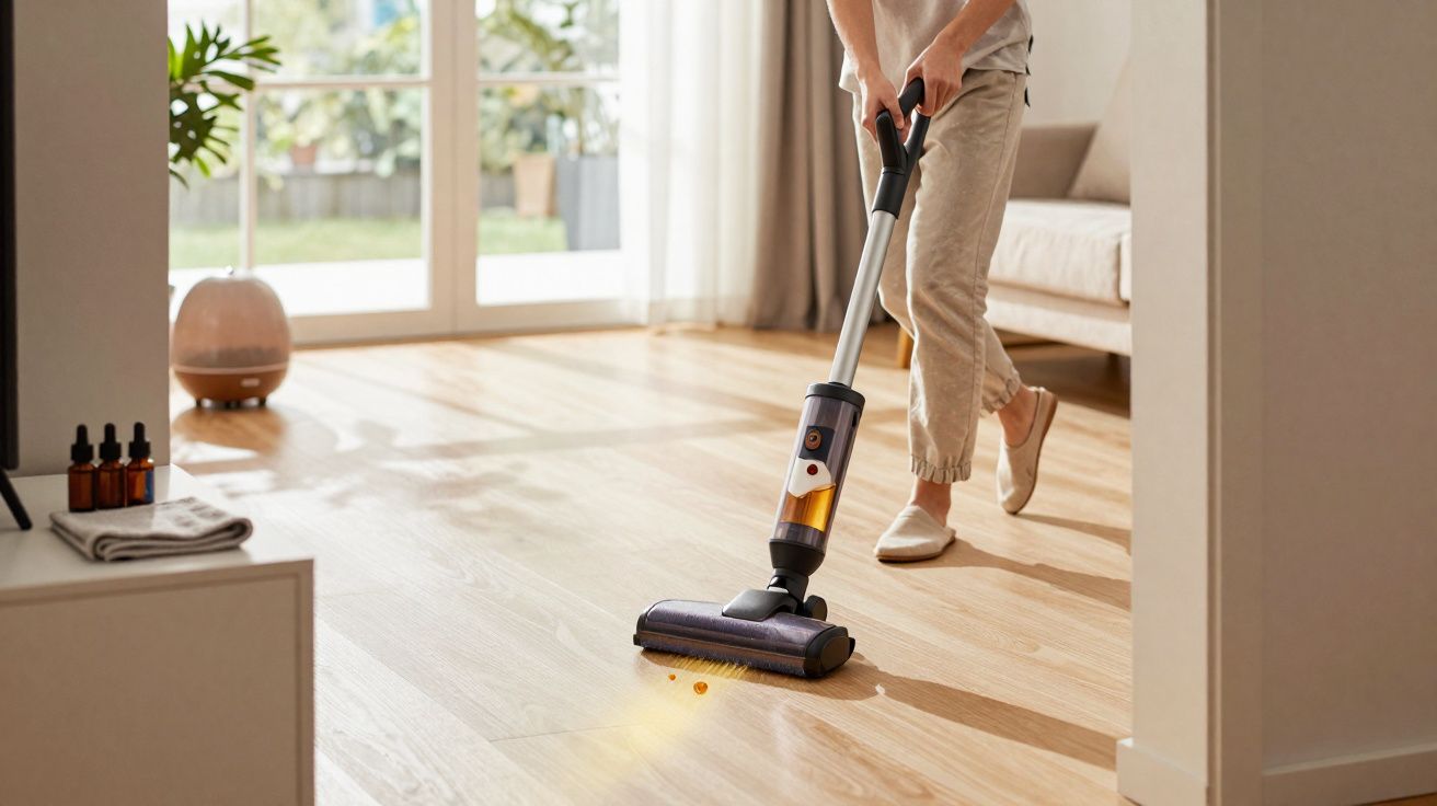 Pessoa a aspirar chão de madeira numa sala bem iluminada com aspirador sem fios moderno.