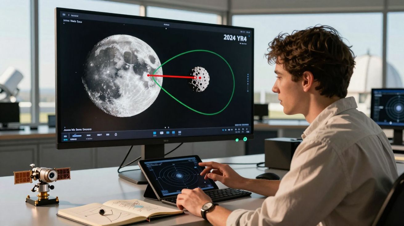 Homem a analisar dados espaciais sobre a órbita da Lua num ecrã e tablet numa sala de trabalho moderna.