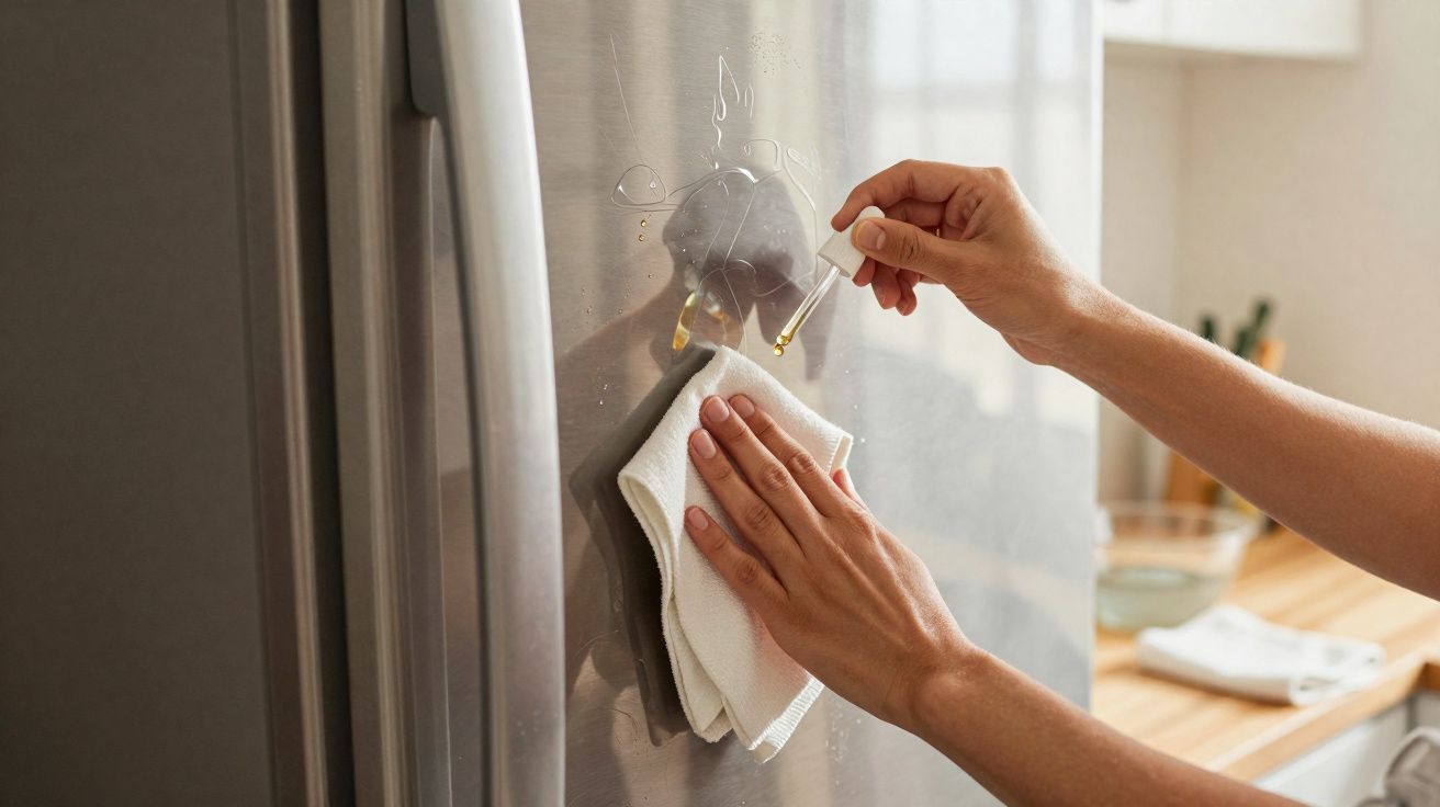 Pessoa a aplicar óleo com conta-gotas num pano para limpar porta de frigorífico inox.