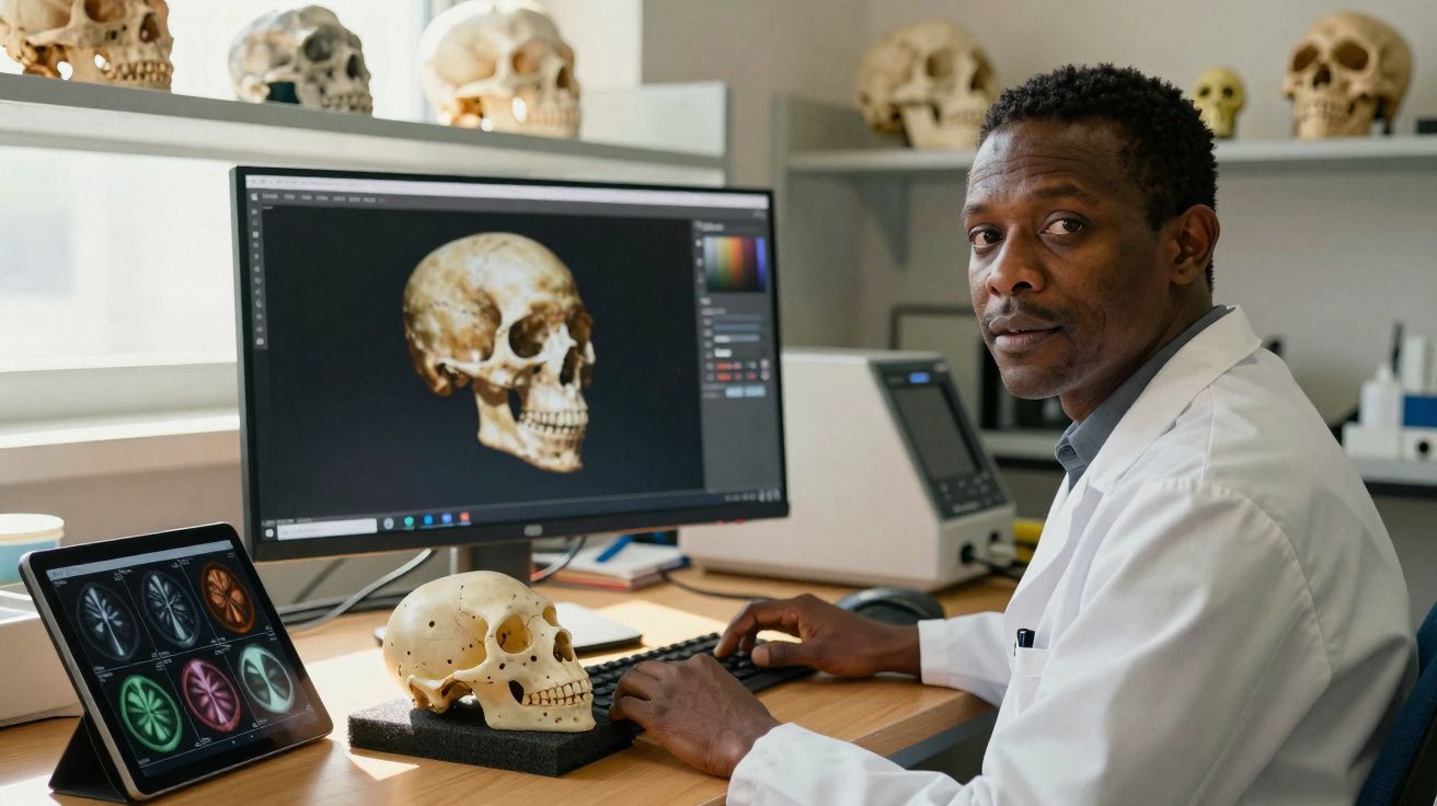 Cientista num laboratório analisa imagem 3D de crânio no computador com vários crânios ao fundo.