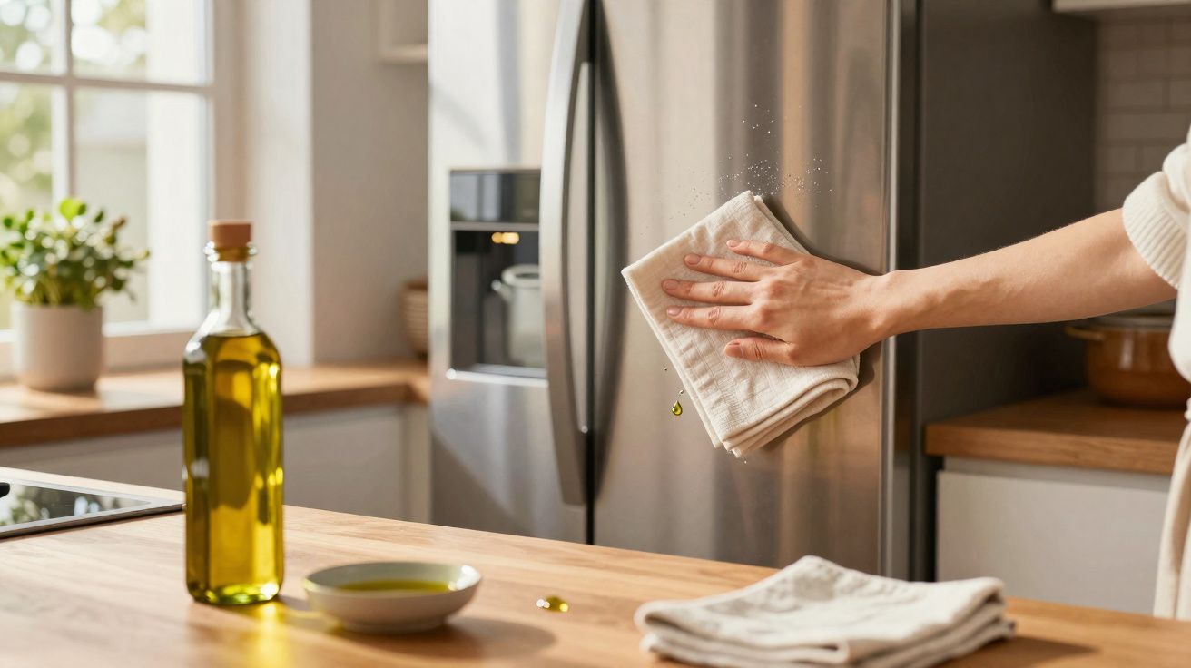 Mão limpando a porta do frigorífico de inox com um pano numa cozinha moderna e bem iluminada.