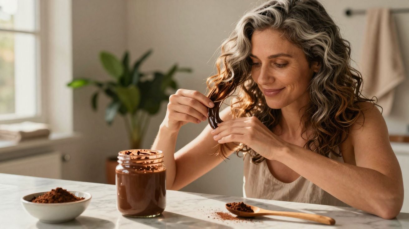 Mulher com cabelo ondulado aplica máscara de chocolate no cabelo sentada à mesa numa cozinha iluminada.