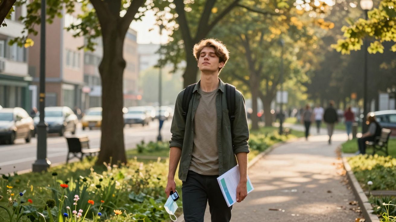 Jovem a caminhar de olhos fechados num passeio urbano na luz dourada do final da tarde, com máscara e materiais escolares.