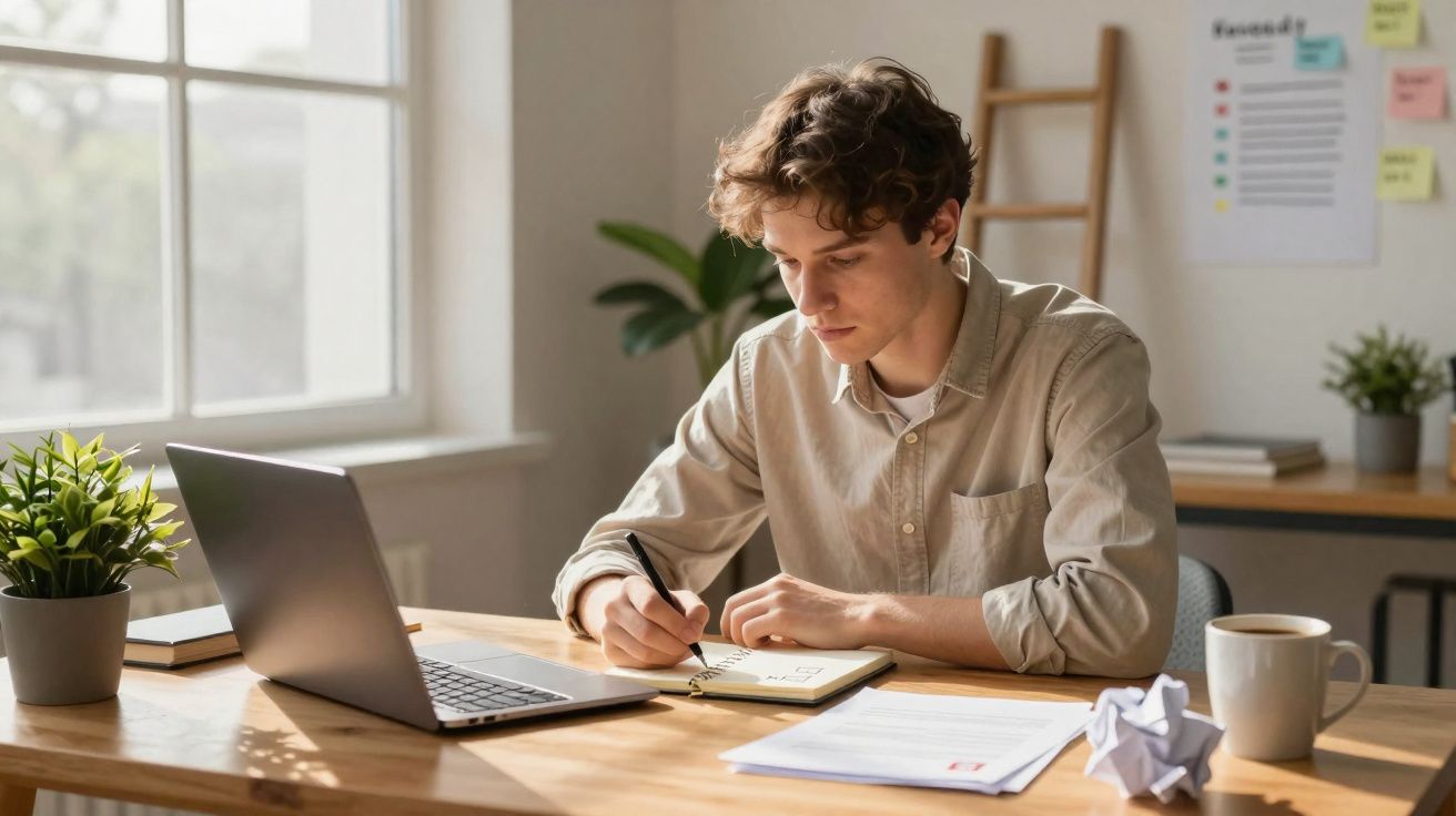 Jovem sentado numa secretária a escrever num caderno, com computador portátil, plantas e café ao redor.