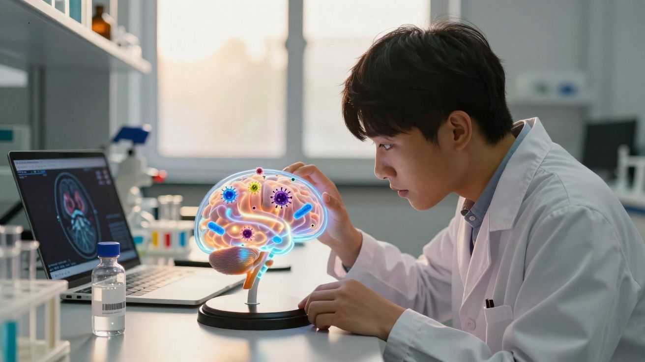 Cientista em laboratório examina modelo iluminado de cérebro humano com vírus e bactérias representados.