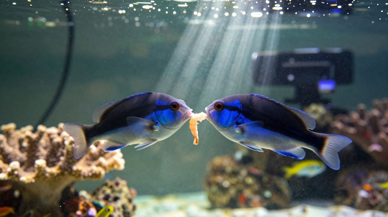 Dois peixes azuis no aquário partilham comida sobre fundo de corais iluminados por raios de luz.