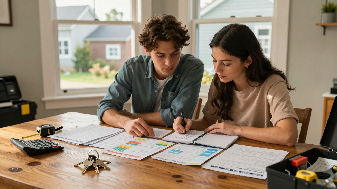 Casal jovem a analisar documentos e apontar informações numa mesa de madeira com chaves e calculadora.