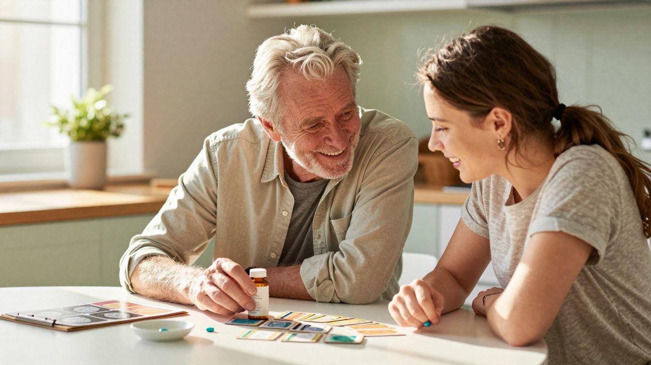 Homem idoso e jovem mulher a sorrir e jogar cartas numa mesa de cozinha iluminada.