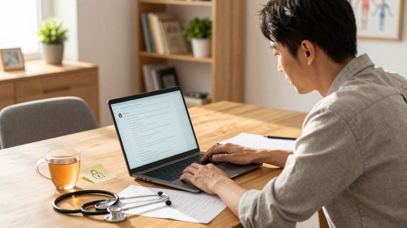 Homem a trabalhar no computador portátil com estetoscópio e chá numa mesa de madeira num espaço luminoso.