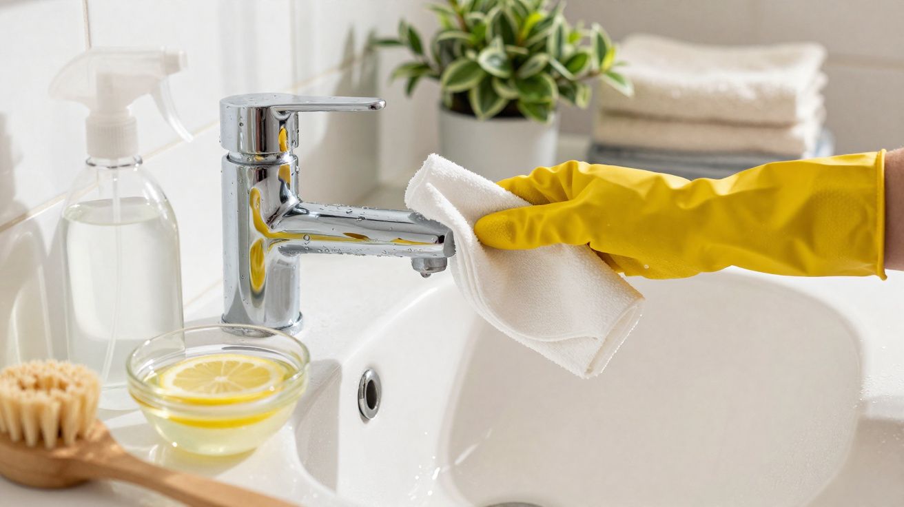 Pessoa com luva amarela limpa torneira cromada da casa de banho com pano branco e produto de limpeza.