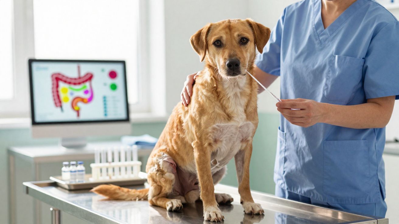 Veterinário a recolher amostra de saliva de cão castanho numa clínica com desenho do sistema digestivo no computador.