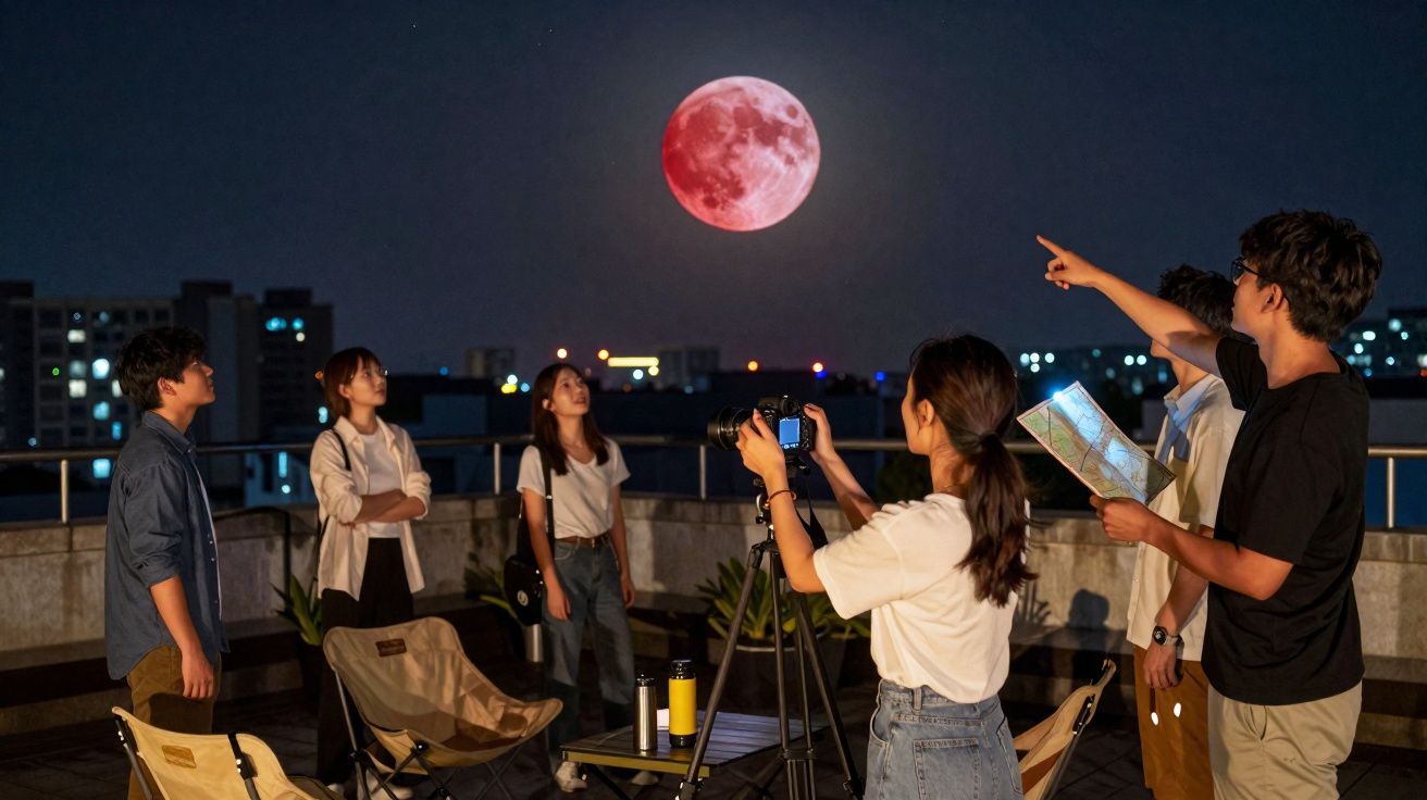 Grupo de jovens a fotografar e observar a lua vermelha numa varanda à noite.