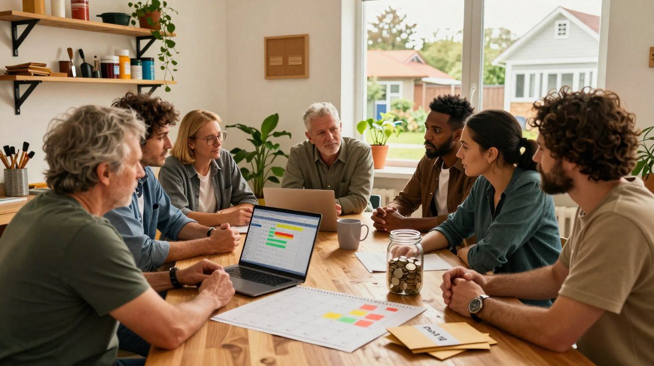 Grupo de seis pessoas reunidas à volta de uma mesa de trabalho com computador e documentos.
