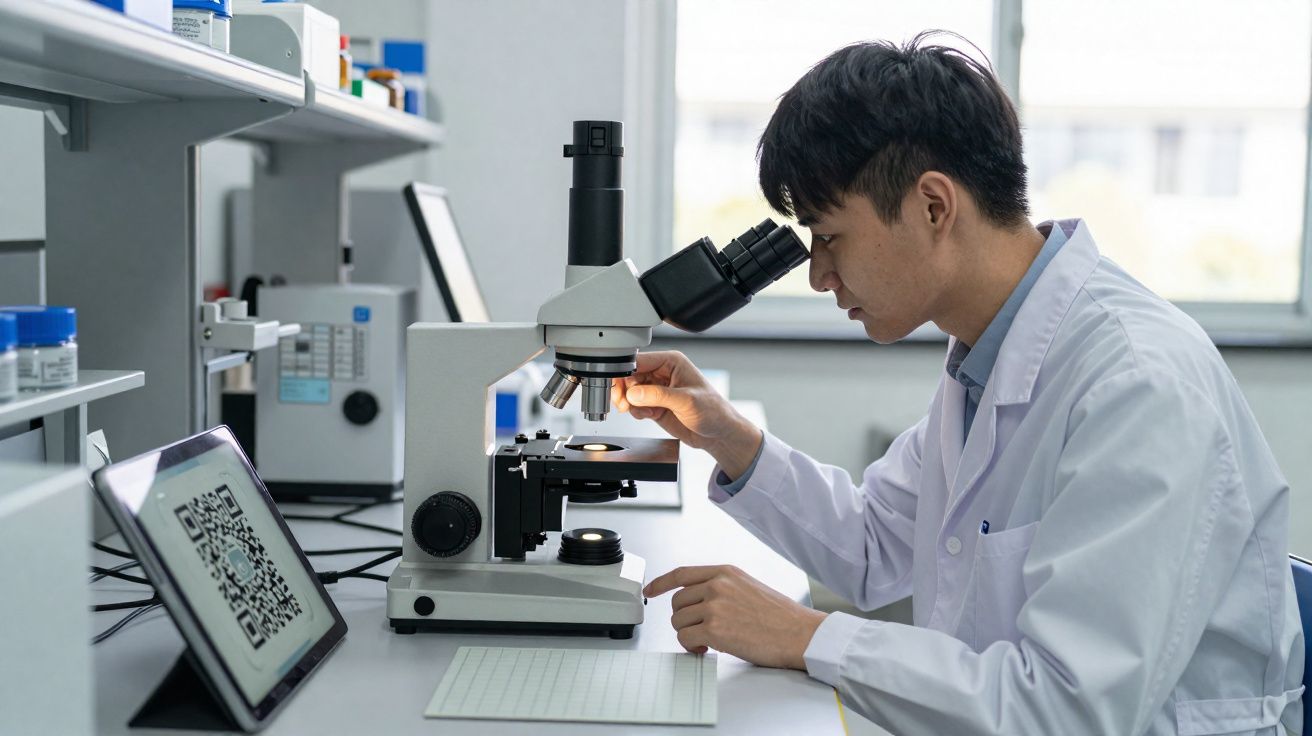 Cientista com bata branca a observar amostra ao microscópio num laboratório moderno.