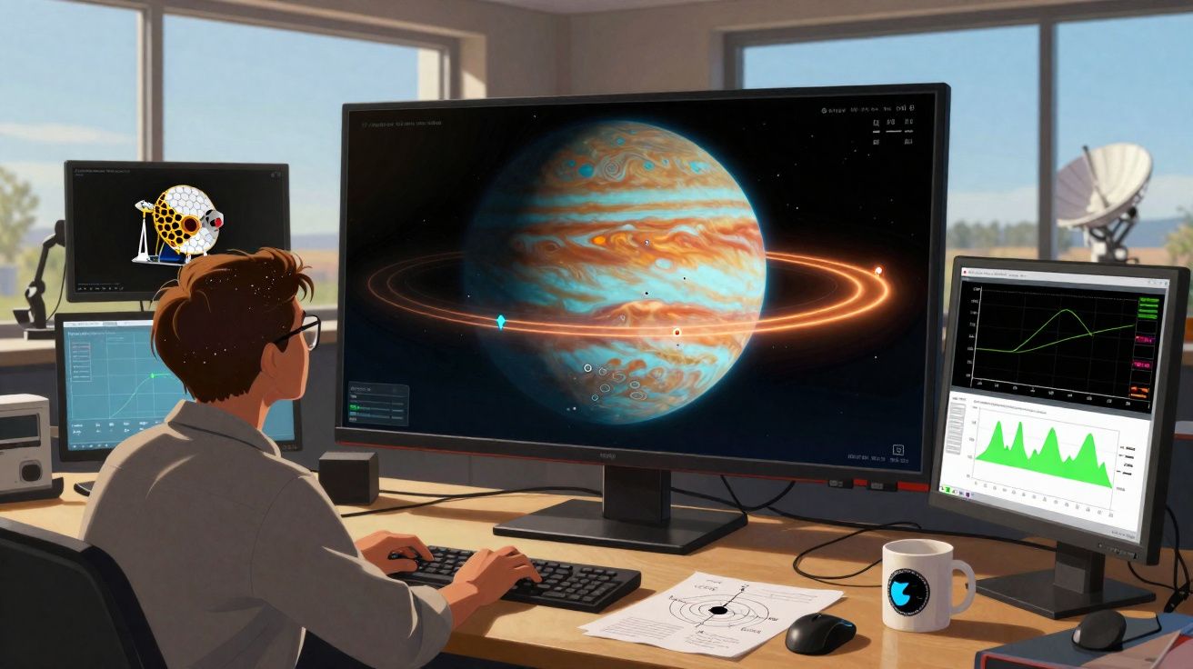 Homem a trabalhar num computador com várias telas, incluindo uma com imagem do planeta Júpiter.
